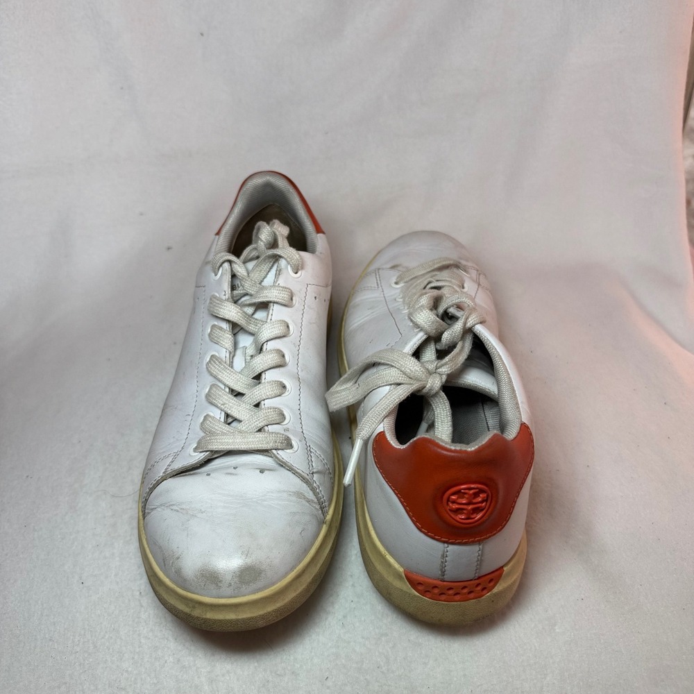Tory Burch Howell Court Sneaker White Orange Leather Logo 8913 Women Size 8M